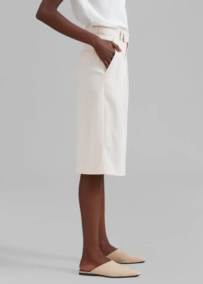 The Frankie Shop Vivian Fluid Pleated Bermuda Shorts 8211 Beige Pinstripe Shop Bottoms