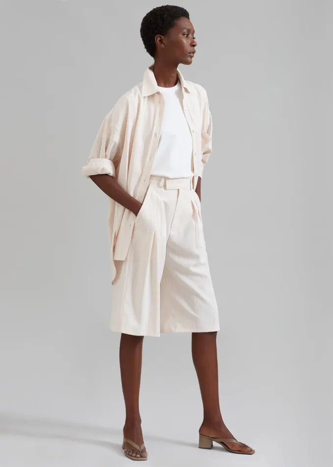 The Frankie Shop Vivian Fluid Pleated Bermuda Shorts 8211 Beige Pinstripe Shop Bottoms