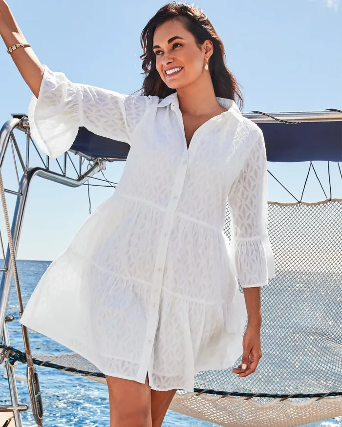 Tommy Bahama Dresses Cotton Clip Jacquard Coverup Shirt Dress White 8211 Women