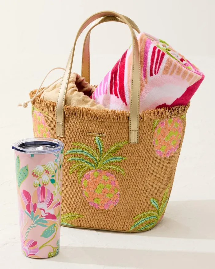 Tommy Bahama Handbags and Clutches Flamingo Pineapple Straw Tote Natural Pink 8211 WomenBeach and Home