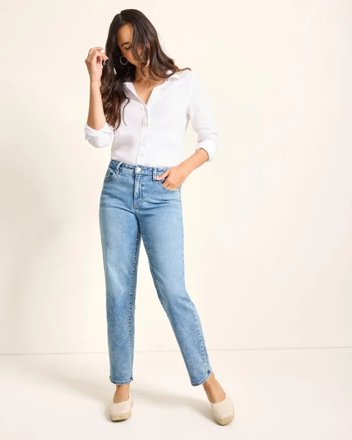 Tommy Bahama Jeans HighRise StraightLeg Jeans Med Azul Wash 8211 Women