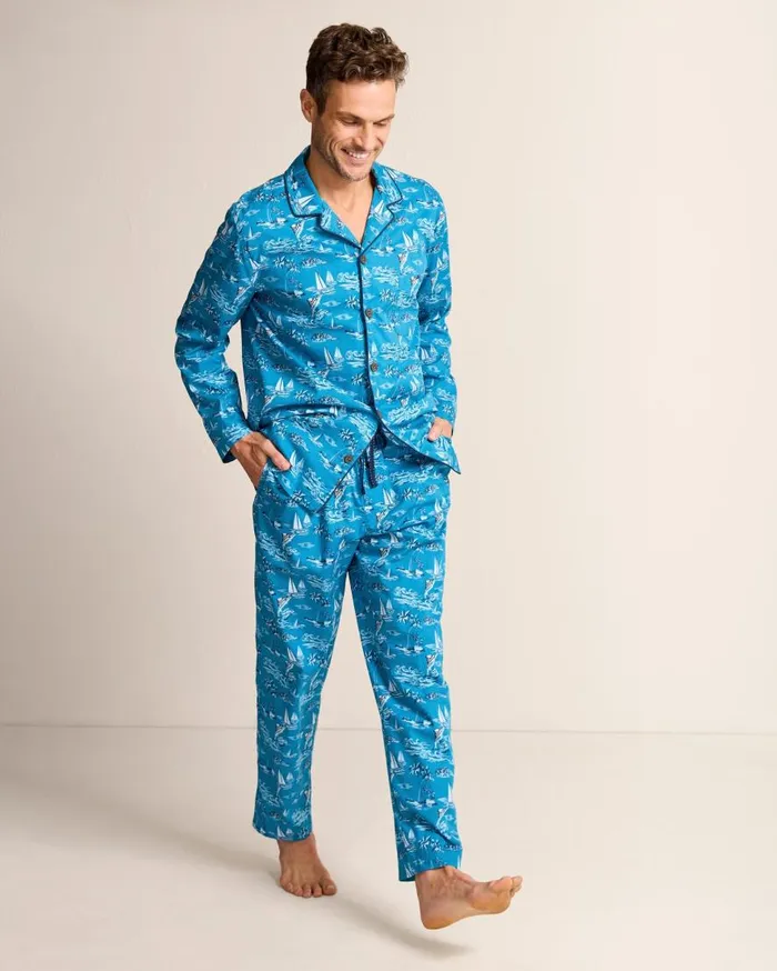 Tommy Bahama Loungewear and Pajamas Woven Long Sleeve and Pants Pajama Set Slate Teal 8211 Men