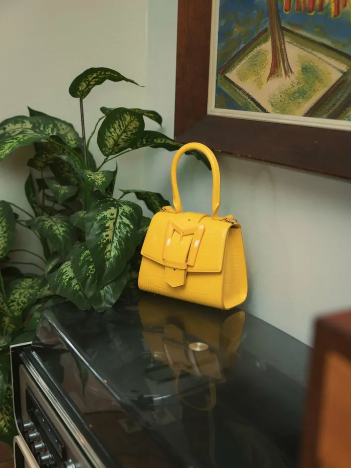 Top Handle Bags Women Mac Duggal Buckled Mini Croco Sunshine Leather Handbag with Detachable Strap Sunshine
