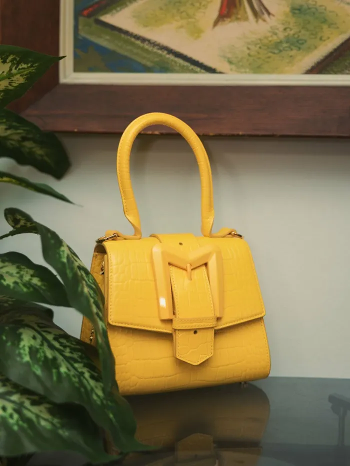 Top Handle Bags Women Mac Duggal Buckled Mini Croco Sunshine Leather Handbag with Detachable Strap Sunshine