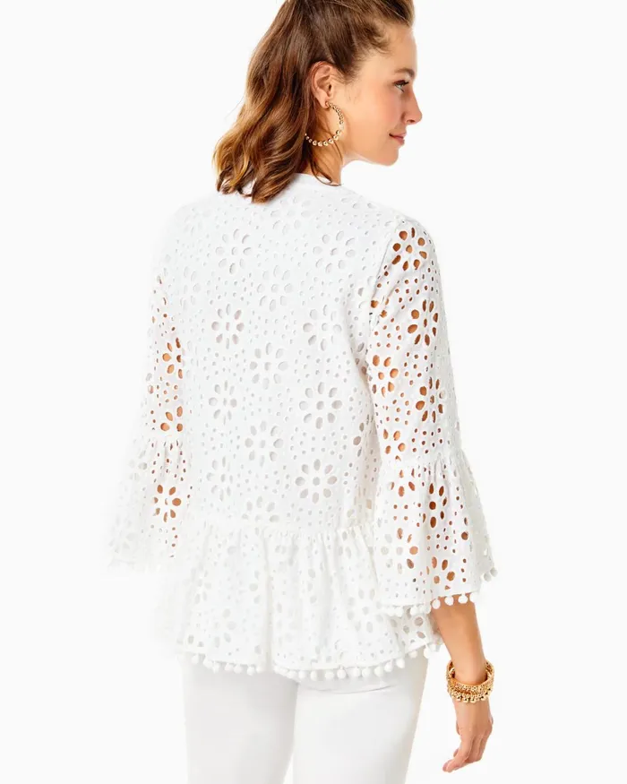 Tops Women Lilly Pulitzer Bekah 34 Sleeve Eyelet Top Resort White Funflower Eyelet