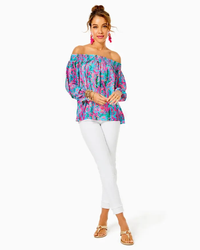 Tops Women Lilly Pulitzer Bekah 34 Sleeve Eyelet Top Resort White Funflower Eyelet Tops Women Lilly Pulitzer Bekah 34 Sleeve Eyelet Top Resort White Funflower Eyelet