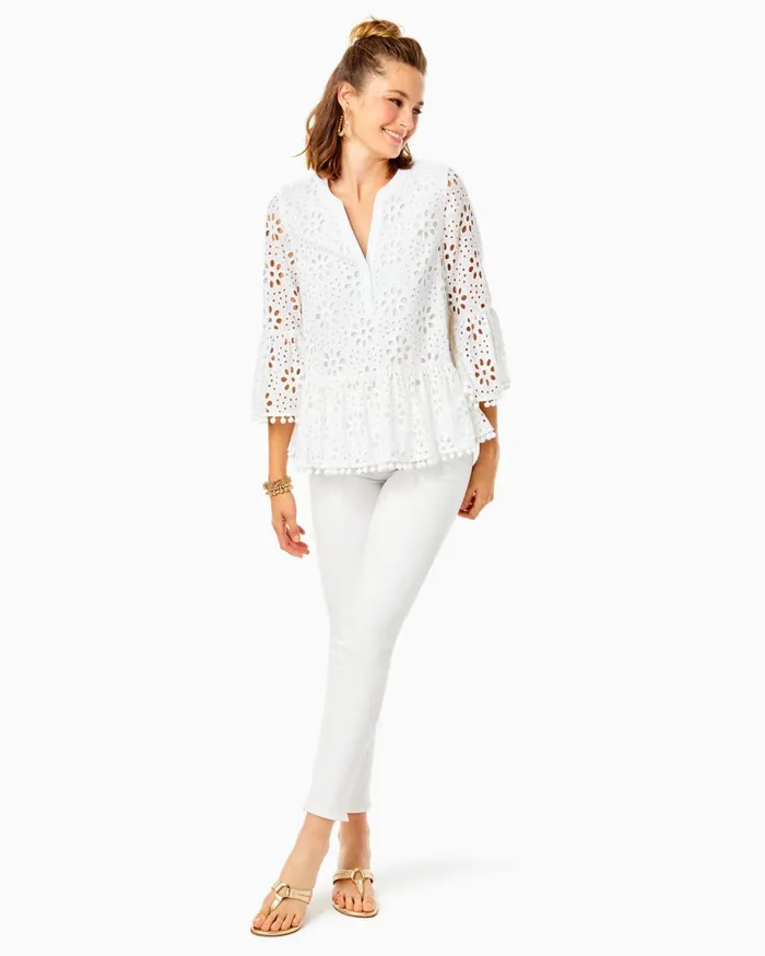 Tops Women Lilly Pulitzer Bekah 34 Sleeve Eyelet Top Resort White Funflower Eyelet Tops Women Lilly Pulitzer Bekah 34 Sleeve Eyelet Top Resort White Funflower Eyelet