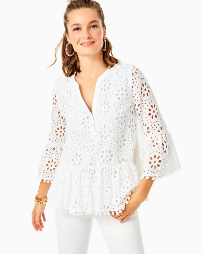 Tops Women Lilly Pulitzer Bekah 34 Sleeve Eyelet Top Resort White Funflower Eyelet Tops Women Lilly Pulitzer Bekah 34 Sleeve Eyelet Top Resort White Funflower Eyelet