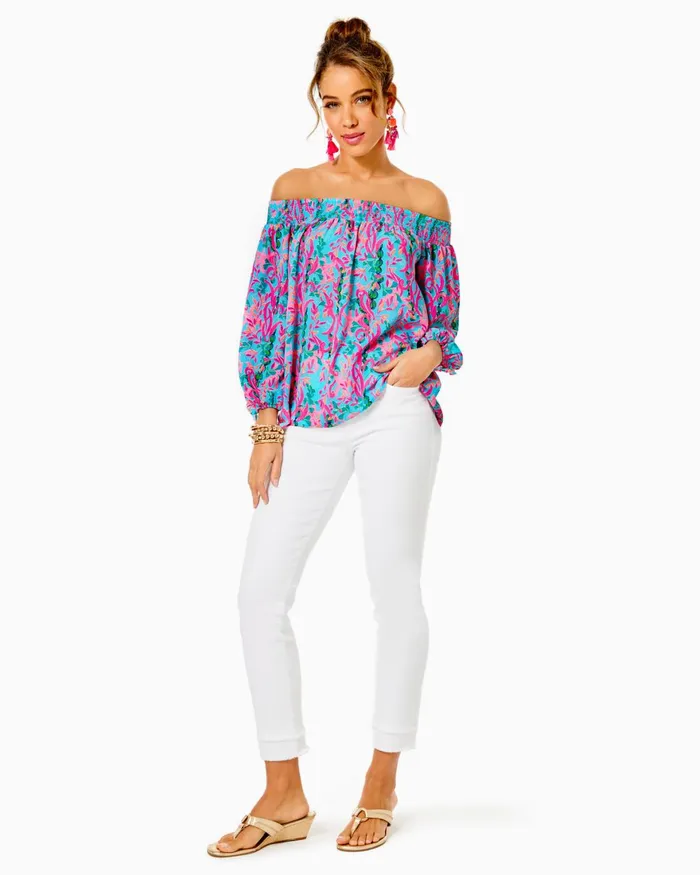 Tops Women Lilly Pulitzer Bekah 34 Sleeve Eyelet Top Resort White Funflower Eyelet Tops Women Lilly Pulitzer Bekah 34 Sleeve Eyelet Top Resort White Funflower Eyelet