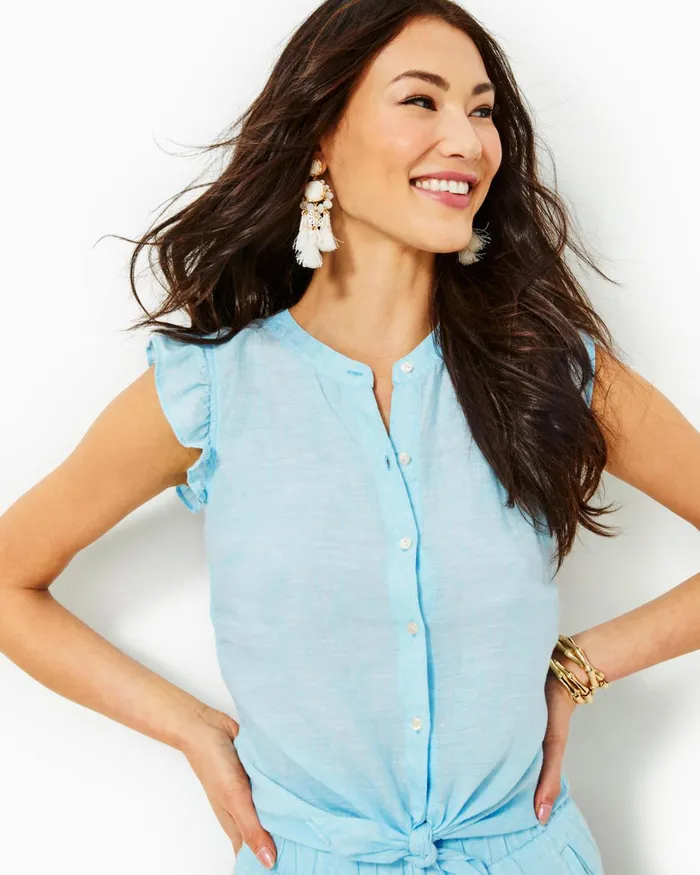 Tops Women Lilly Pulitzer Briette Button Down Top Celestial Blue X Resort White Tops Women Lilly Pulitzer Briette Button Down Top Celestial Blue X Resort White