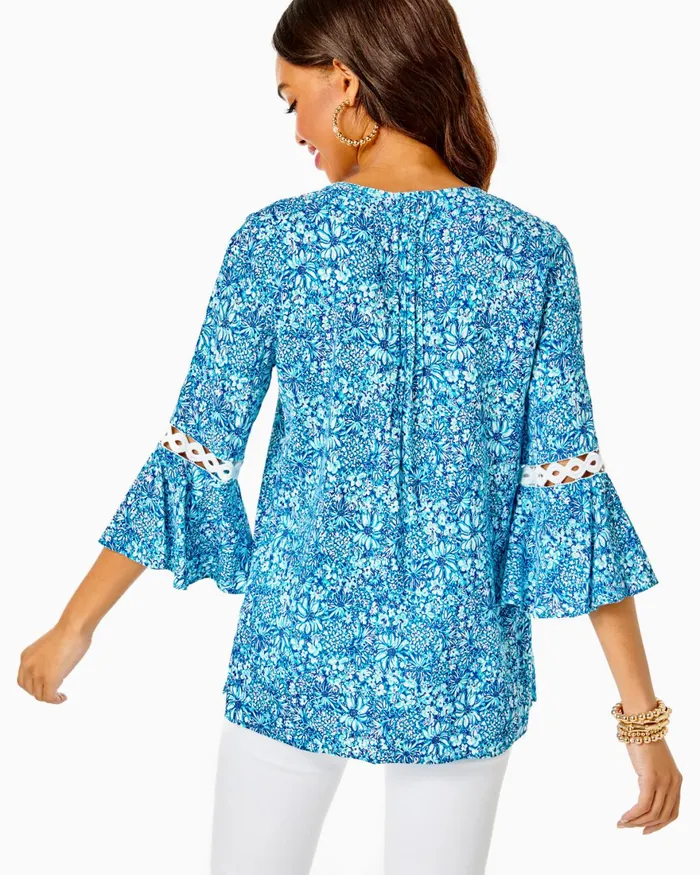 Tops Women Lilly Pulitzer Hollie Tunic Top Cumulus Blue Blooming Together