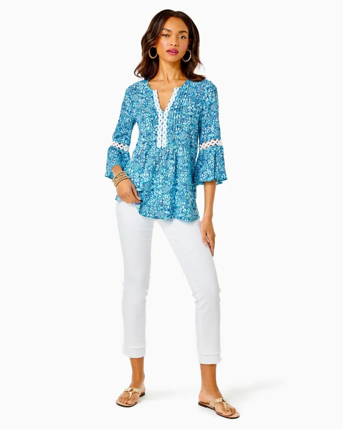 Tops Women Lilly Pulitzer Hollie Tunic Top Cumulus Blue Blooming Together Tops Women Lilly Pulitzer Hollie Tunic Top Cumulus Blue Blooming Together