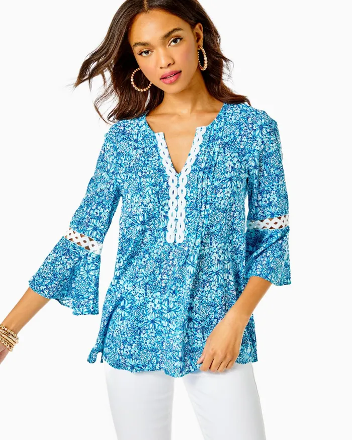 Tops Women Lilly Pulitzer Hollie Tunic Top Cumulus Blue Blooming Together Tops Women Lilly Pulitzer Hollie Tunic Top Cumulus Blue Blooming Together