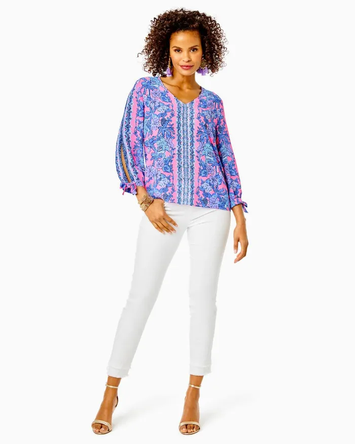 Tops Women Lilly Pulitzer Pamala Lileeze Top Soleil Pink Palm Paradise Engineered Woven Top