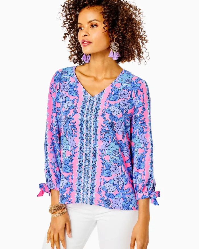 Tops Women Lilly Pulitzer Pamala Lileeze Top Soleil Pink Palm Paradise Engineered Woven Top