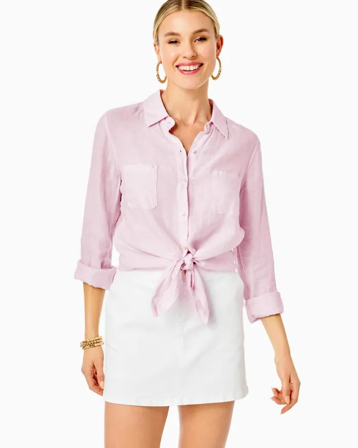 Tops Women Lilly Pulitzer Pamala Lileeze Top Soleil Pink Palm Paradise Engineered Woven Top