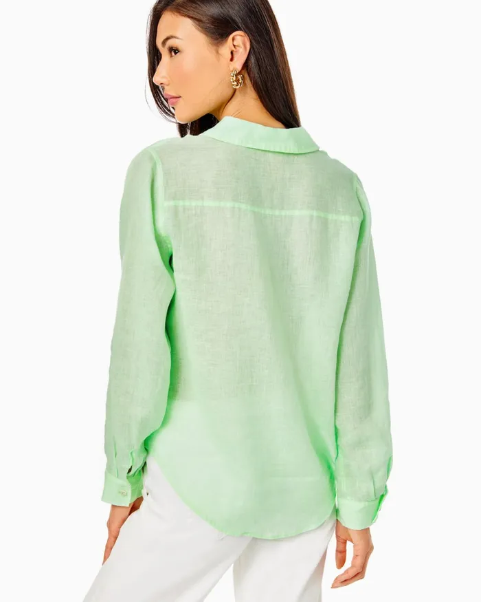 Tops Women Lilly Pulitzer Sea View Linen Button Down Top Pistachio Green