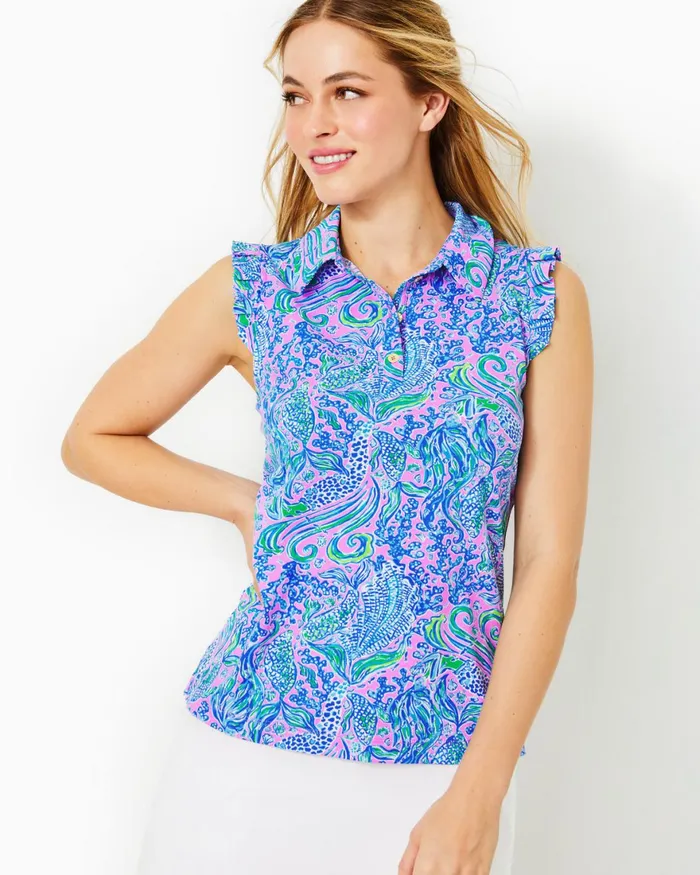 Tops Women Lilly Pulitzer UPF 50 Luxletic Frida Sleeveless Ruffle Polo Top Lilac Rose We Mermaid It Tops Women Lilly Pulitzer UPF 50 Luxletic Frida Sleeveless Ruffle Polo Top Lilac Rose We Mermaid It