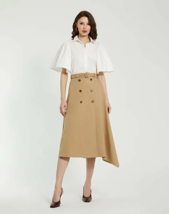Twill Midi Skirt With Buttons Taupe Women Skirts Mac Duggal