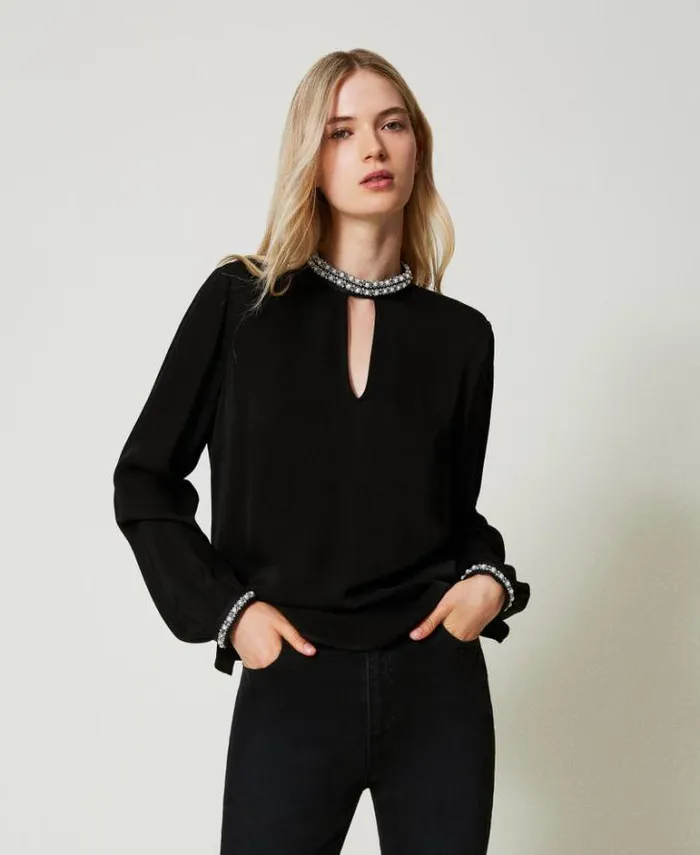 Twinset Blouses And Shirts Crpe Blouse With Embroidery Black 8211 Clothing