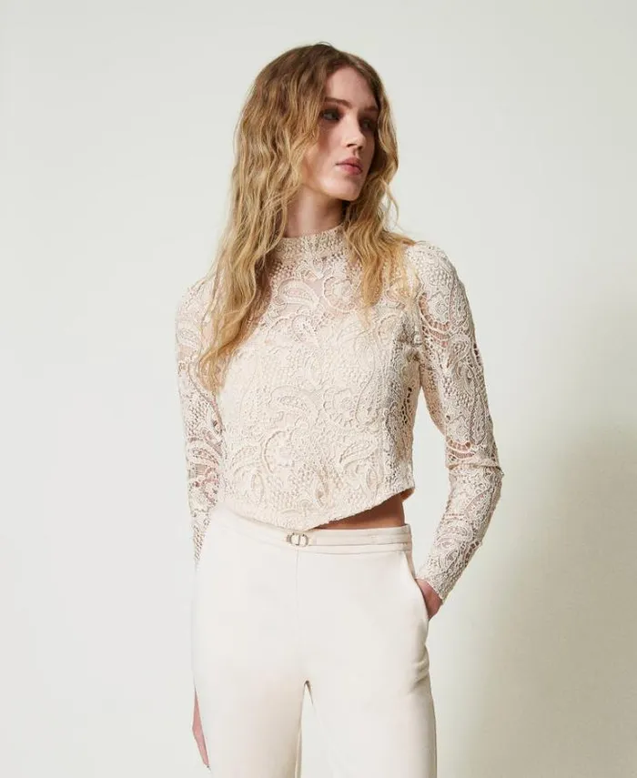 Twinset Blouses And Shirts Macram Lace Cropped Blouse Old White 8211 Clothing