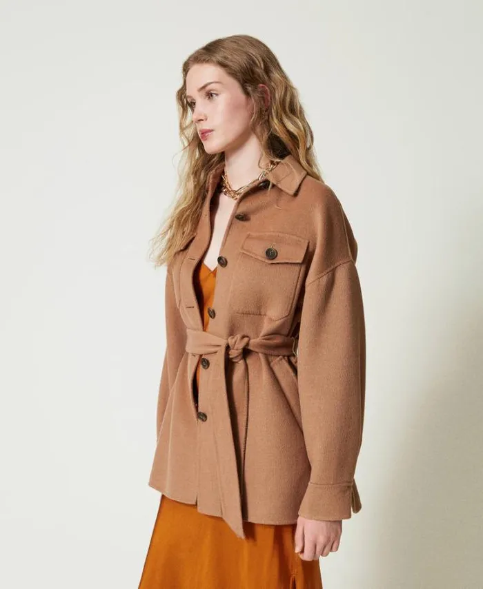 Twinset Coats And Trench Coats Doubled Wool Blend Cloth Caban Coat Sandy Brown 8211 Clothing