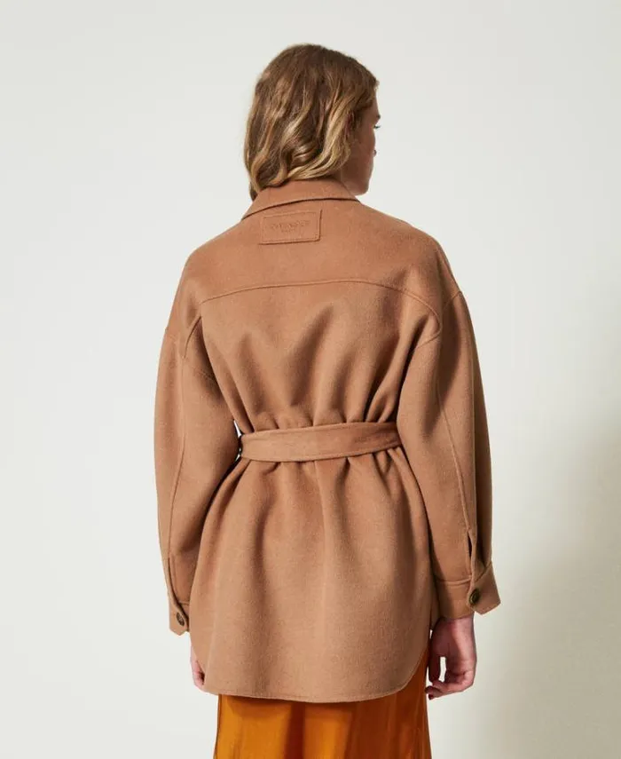 Twinset Coats And Trench Coats Doubled Wool Blend Cloth Caban Coat Sandy Brown 8211 Clothing