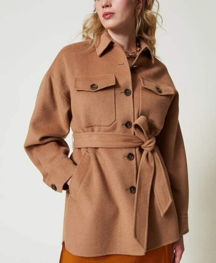 Twinset Coats And Trench Coats Doubled Wool Blend Cloth Caban Coat Sandy Brown 8211 Clothing