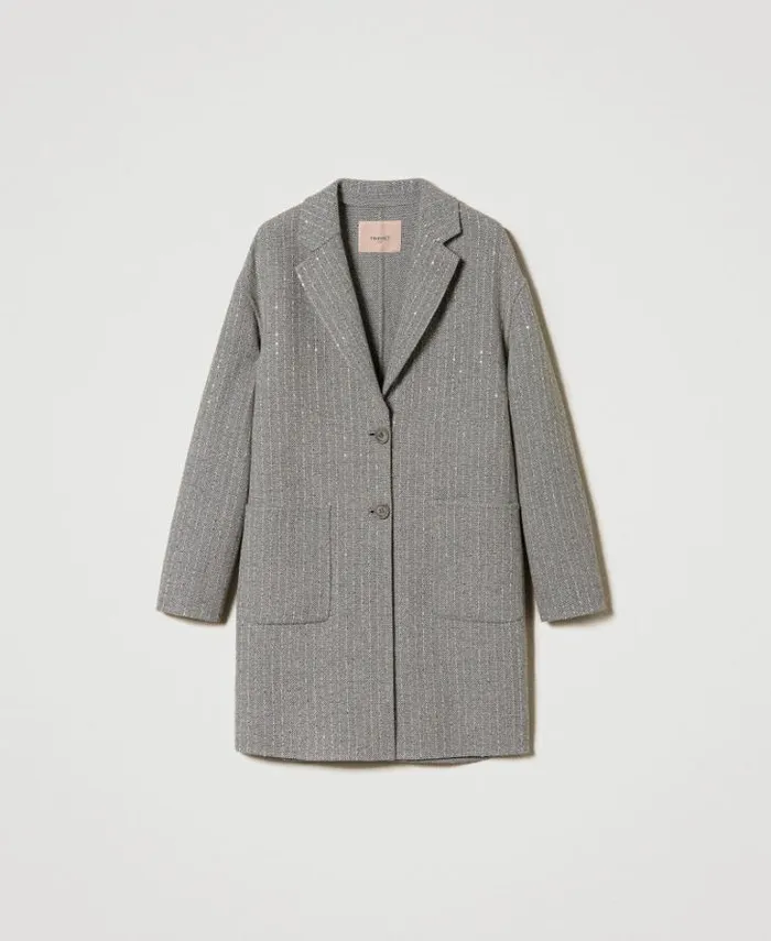 Twinset Coats And Trench Coats Doubled Wool Cloth Coat With Sequins Melange Grey Double Pinstripe 8211 Clothing