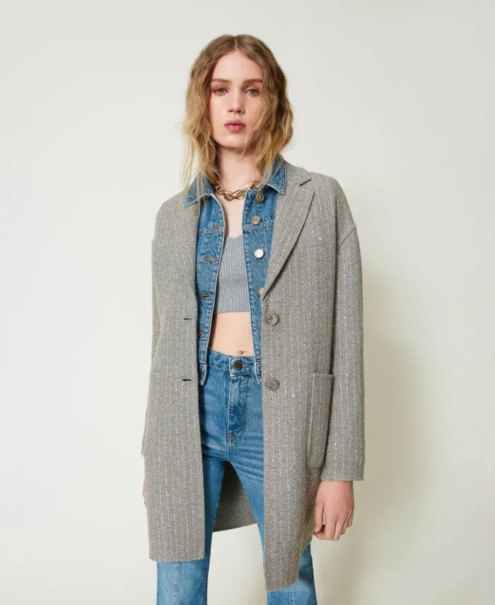 Twinset Coats And Trench Coats Doubled Wool Cloth Coat With Sequins Melange Grey Double Pinstripe 8211 Clothing