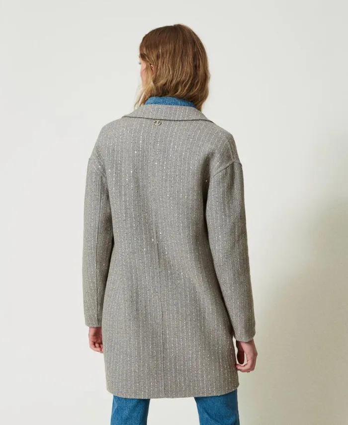 Twinset Coats And Trench Coats Doubled Wool Cloth Coat With Sequins Melange Grey Double Pinstripe 8211 Clothing