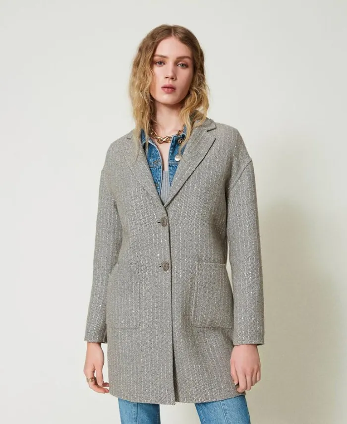 Twinset Coats And Trench Coats Doubled Wool Cloth Coat With Sequins Melange Grey Double Pinstripe 8211 Clothing