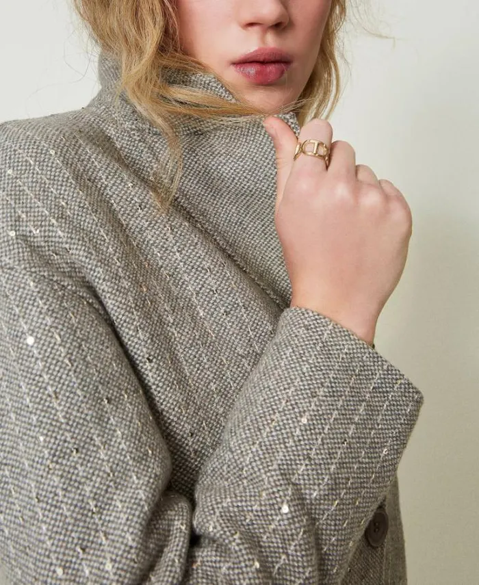 Twinset Coats And Trench Coats Doubled Wool Cloth Coat With Sequins Melange Grey Double Pinstripe 8211 Clothing