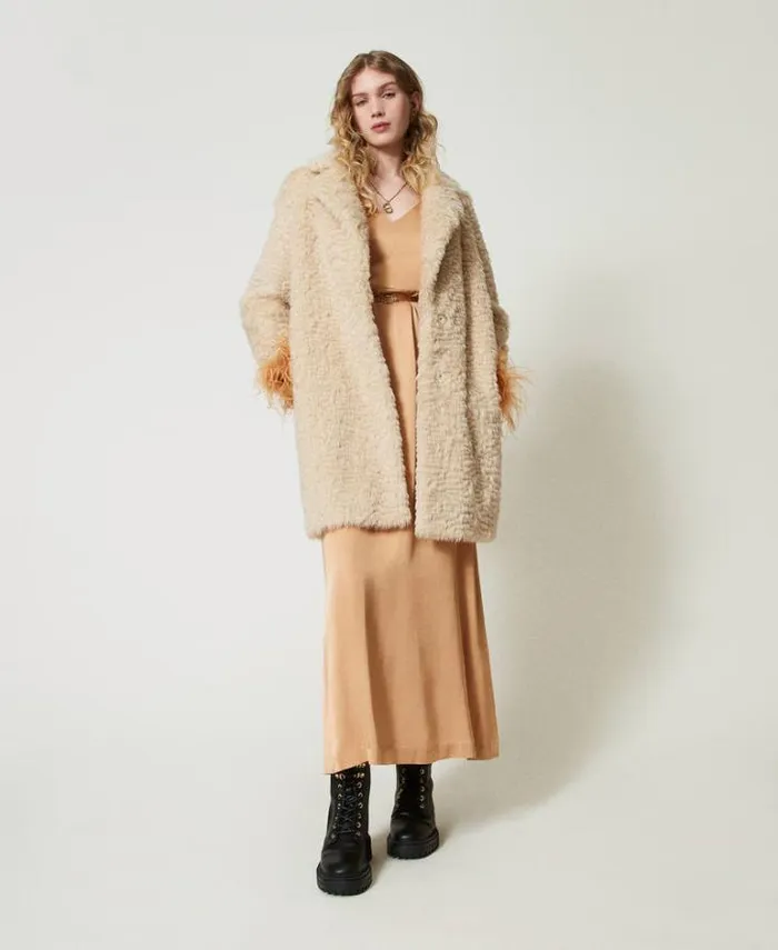 Twinset Coats And Trench Coats Midi Faux Fur Coat Ivory 8211 Clothing