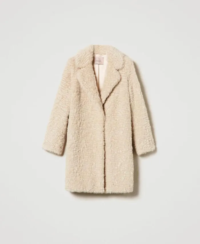 Twinset Coats And Trench Coats Midi Faux Fur Coat Ivory 8211 Clothing