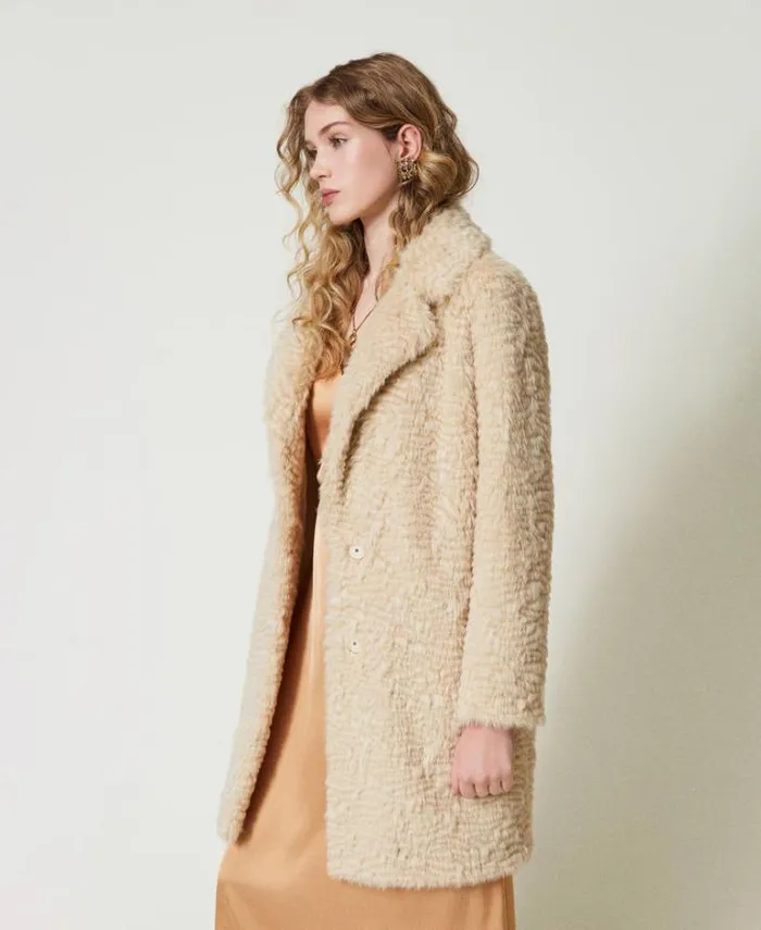 Twinset Coats And Trench Coats Midi Faux Fur Coat Ivory 8211 Clothing