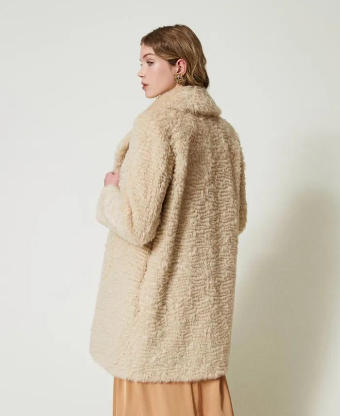 Twinset Coats And Trench Coats Midi Faux Fur Coat Ivory 8211 Clothing