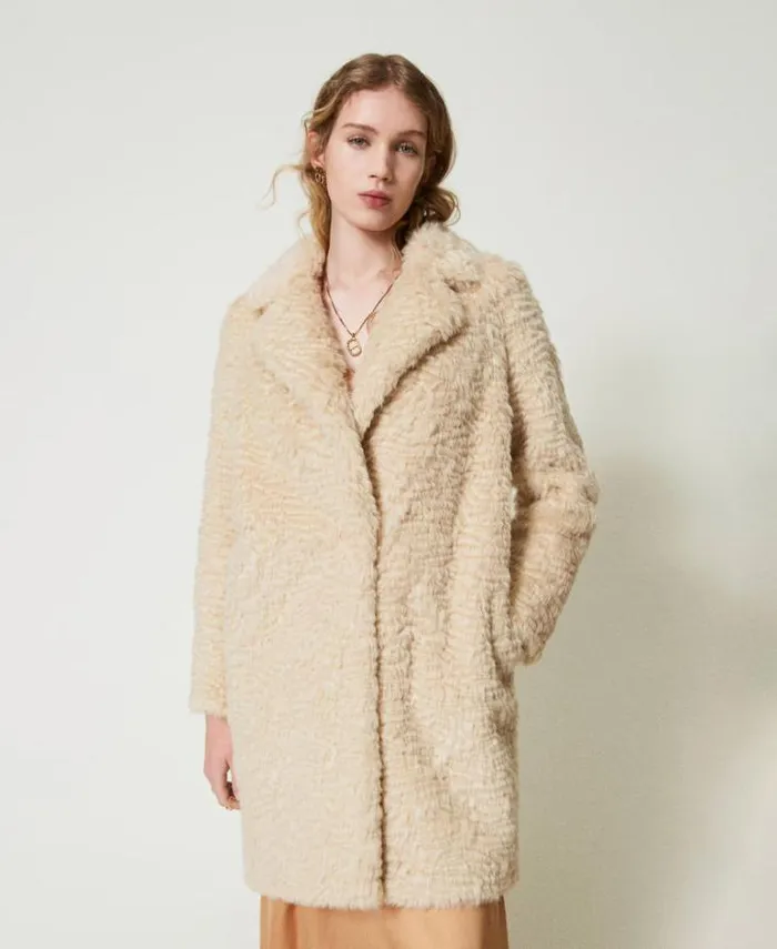 Twinset Coats And Trench Coats Midi Faux Fur Coat Ivory 8211 Clothing