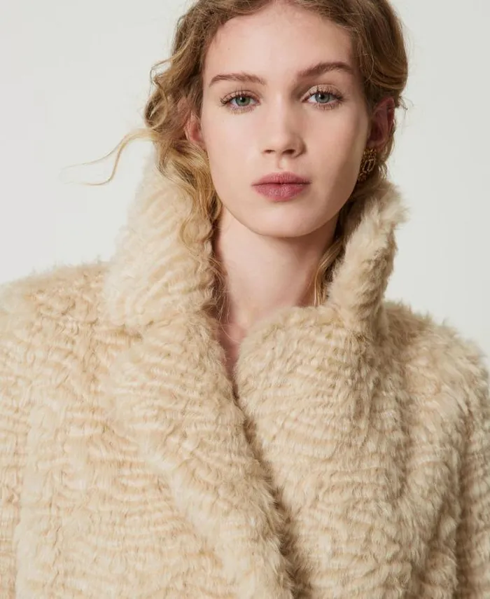 Twinset Coats And Trench Coats Midi Faux Fur Coat Ivory 8211 Clothing