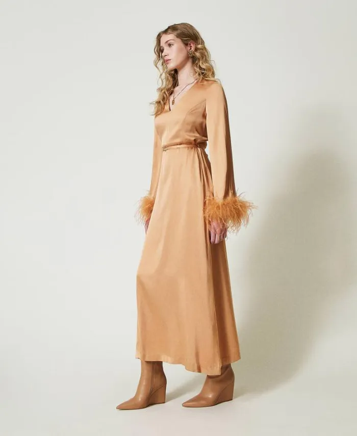 Twinset Elegant Dresses Long Satin Dress With Feathers Bubbly Orange 8211 Clothing