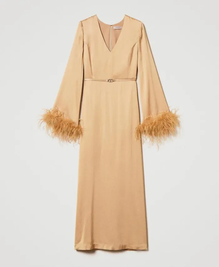 Twinset Elegant Dresses Long Satin Dress With Feathers Bubbly Orange 8211 Clothing