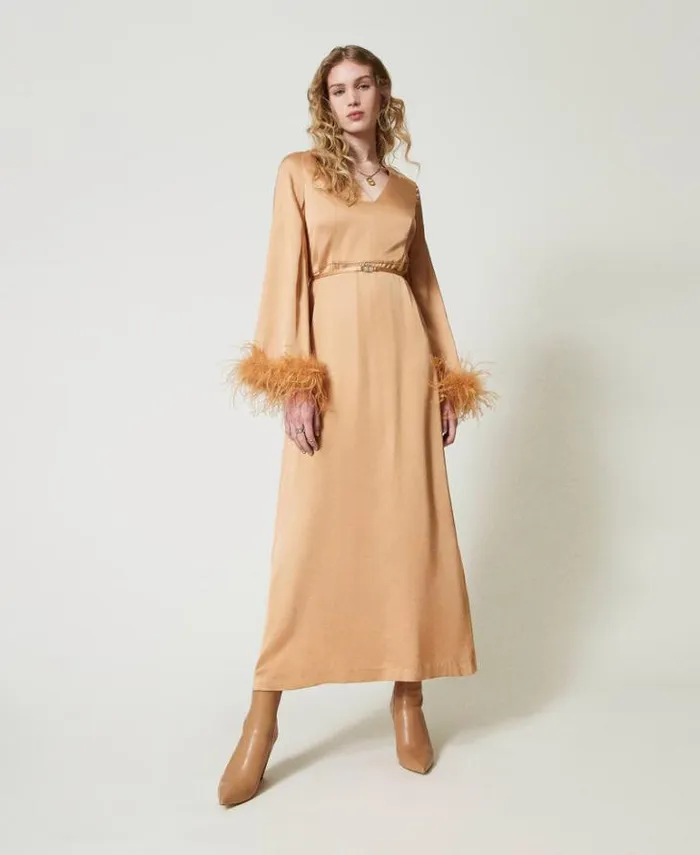 Twinset Elegant Dresses Long Satin Dress With Feathers Bubbly Orange 8211 Clothing