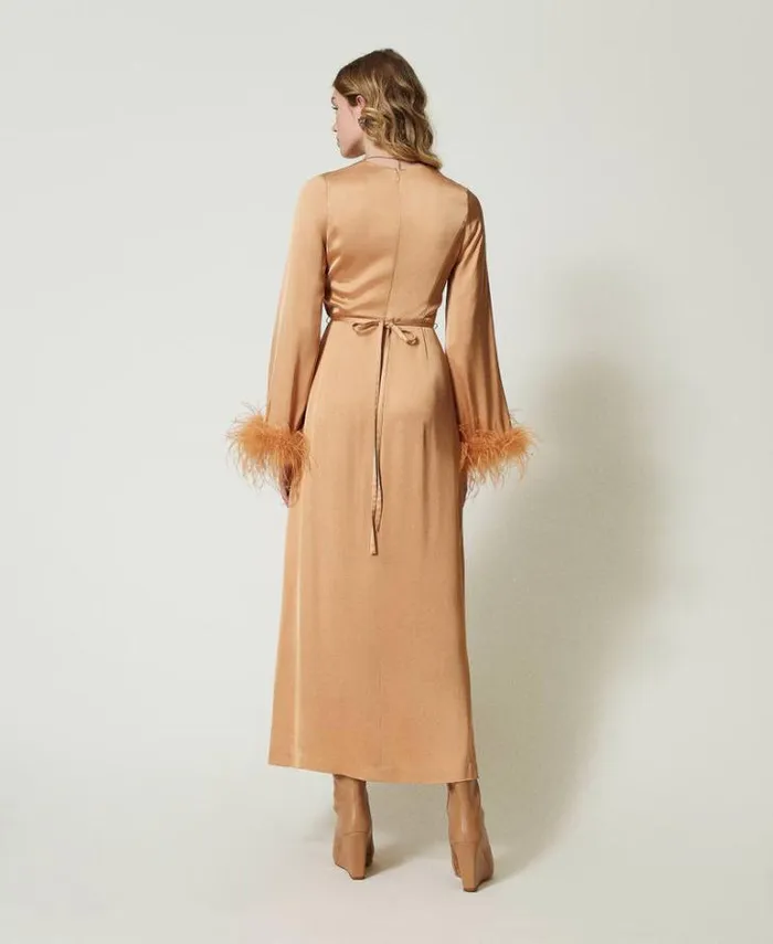 Twinset Elegant Dresses Long Satin Dress With Feathers Bubbly Orange 8211 Clothing