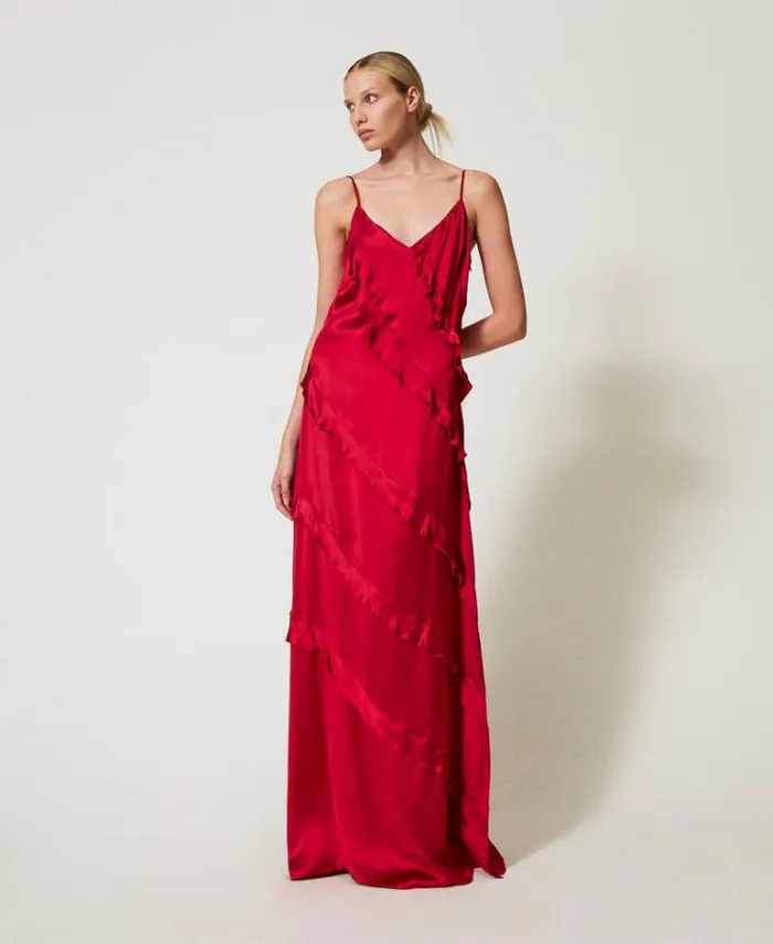 Twinset Elegant Dresses Long Satin Dress With Ruffles Venetian Red 8211 Clothing