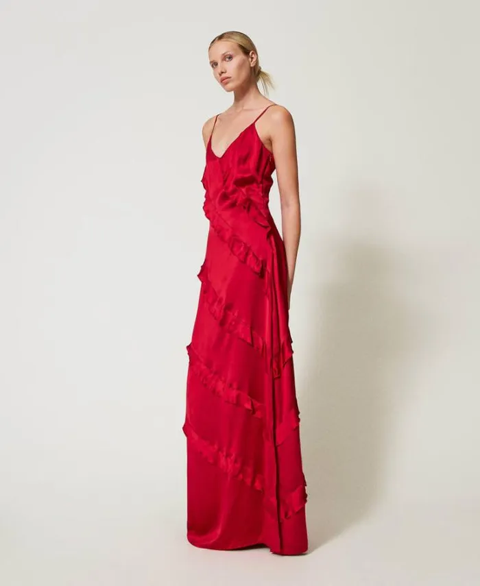 Twinset Elegant Dresses Long Satin Dress With Ruffles Venetian Red 8211 Clothing