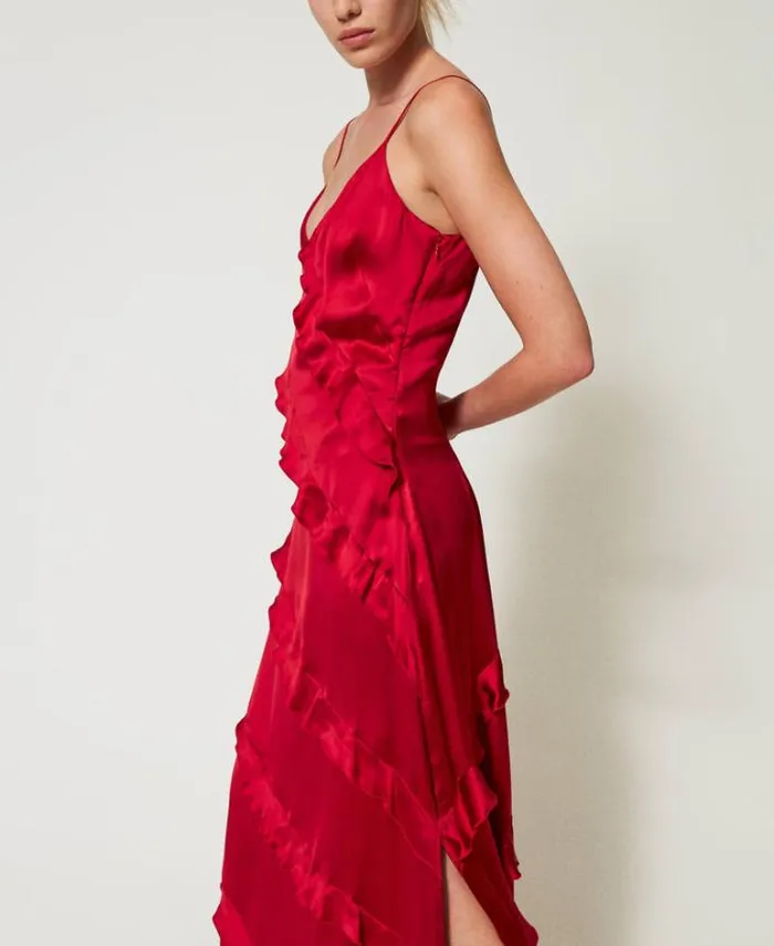 Twinset Elegant Dresses Long Satin Dress With Ruffles Venetian Red 8211 Clothing