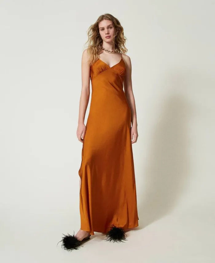 Twinset Elegant Dresses Long Satin Dress With Thin Shoulder Straps Tennegrave Orange 8211 Clothing