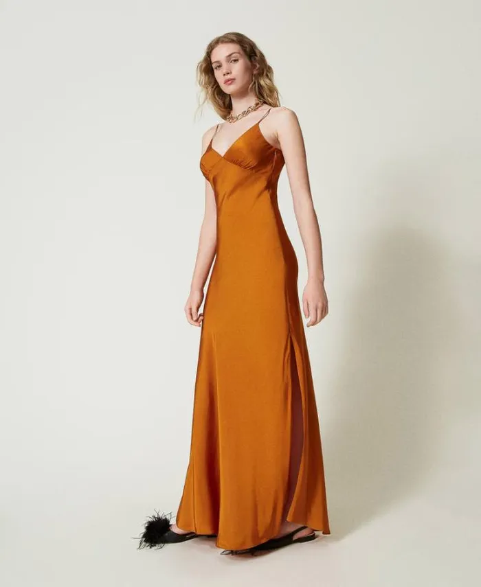 Twinset Elegant Dresses Long Satin Dress With Thin Shoulder Straps Tennegrave Orange 8211 Clothing