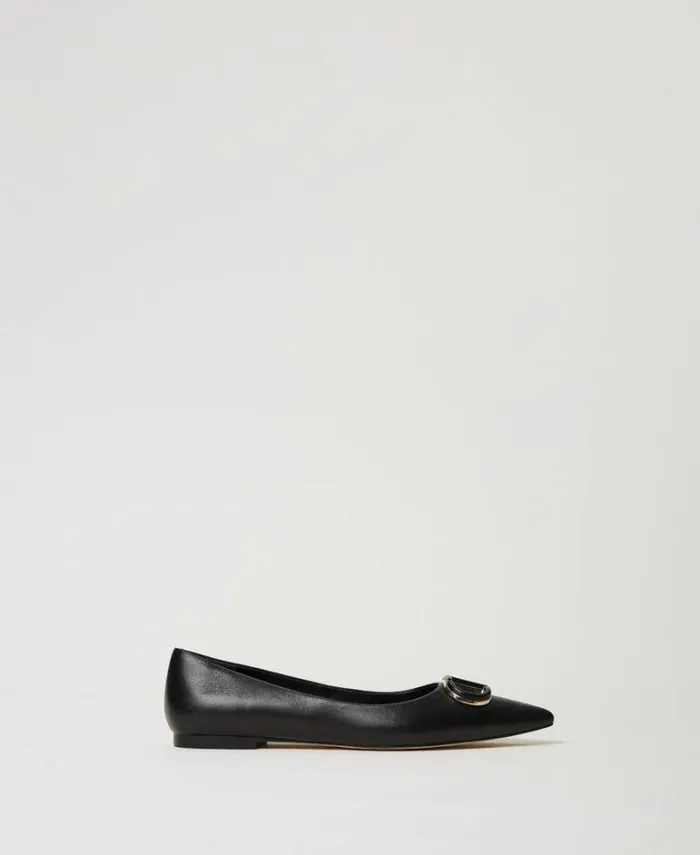 Twinset Flat Shoes Leather Ballerina Shoes With Oval T Black 8211 Shoes