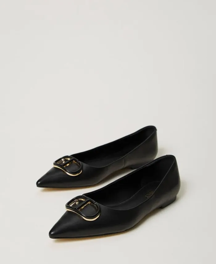 Twinset Flat Shoes Leather Ballerina Shoes With Oval T Black 8211 Shoes